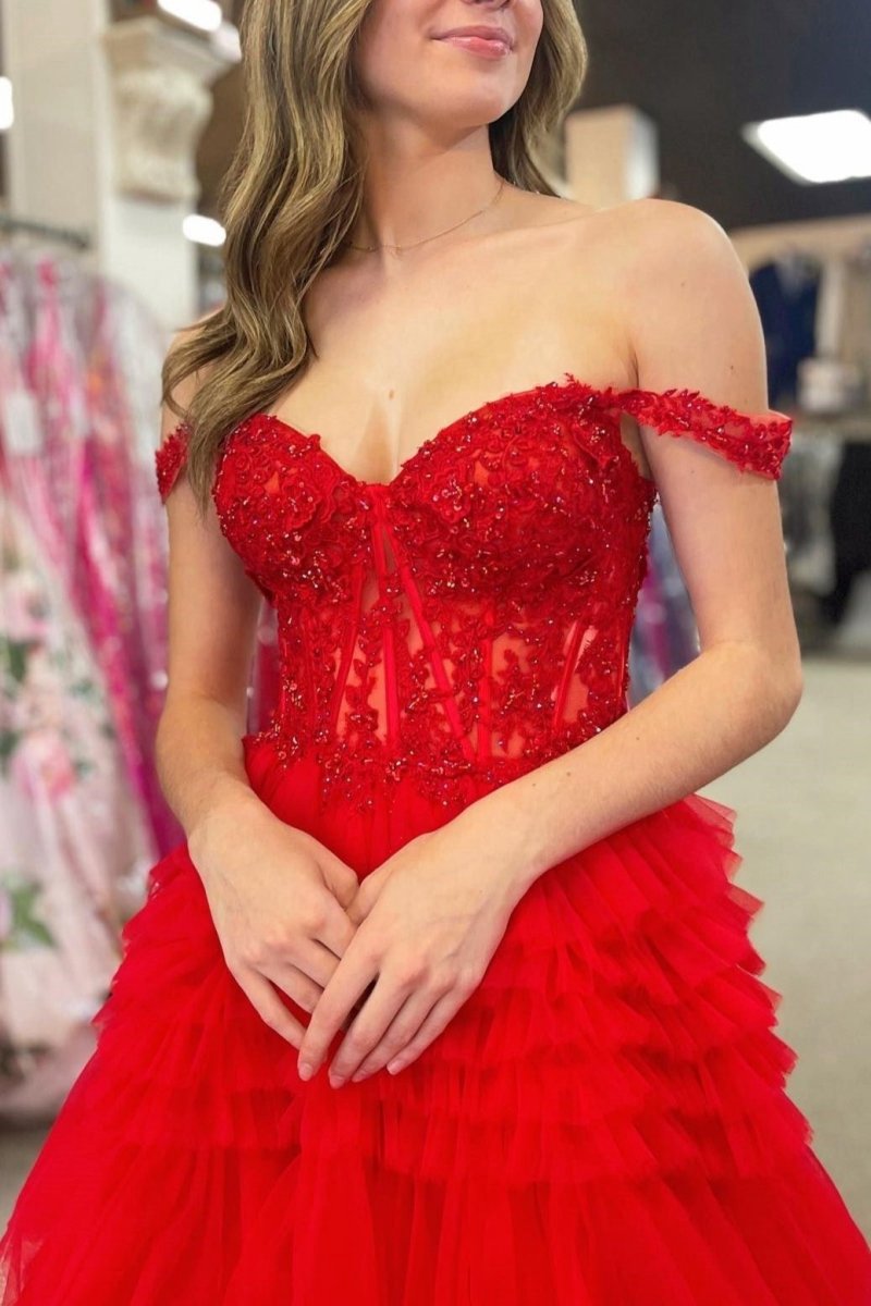 Tulle Off-the-Shoulder Ruffle Tie Long Prom Dresses