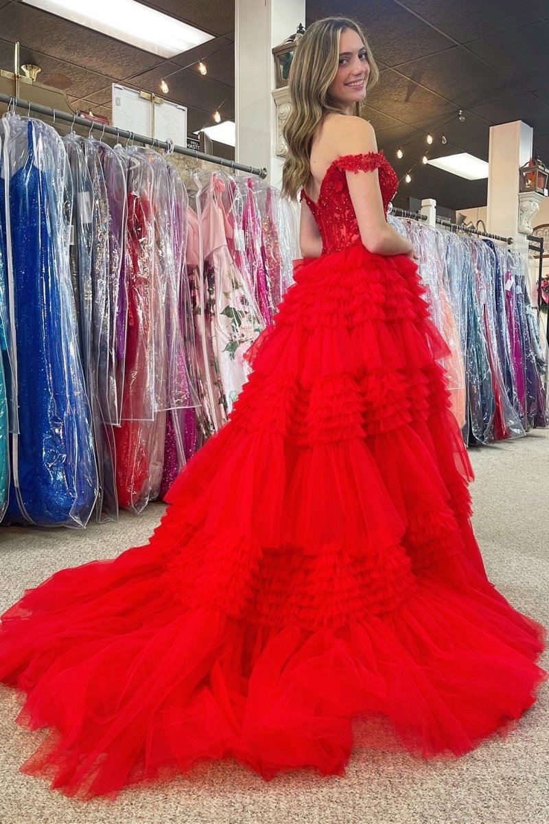 Tulle Off-the-Shoulder Ruffle Tie Long Prom Dresses