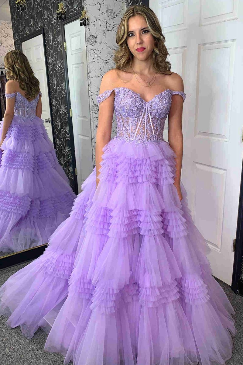 Tulle Off-the-Shoulder Ruffle Tie Long Prom Dresses