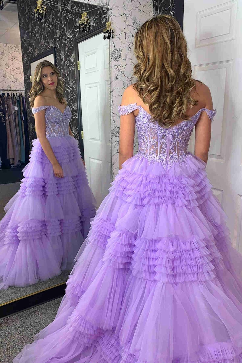 Tulle Off-the-Shoulder Ruffle Tie Long Prom Dresses