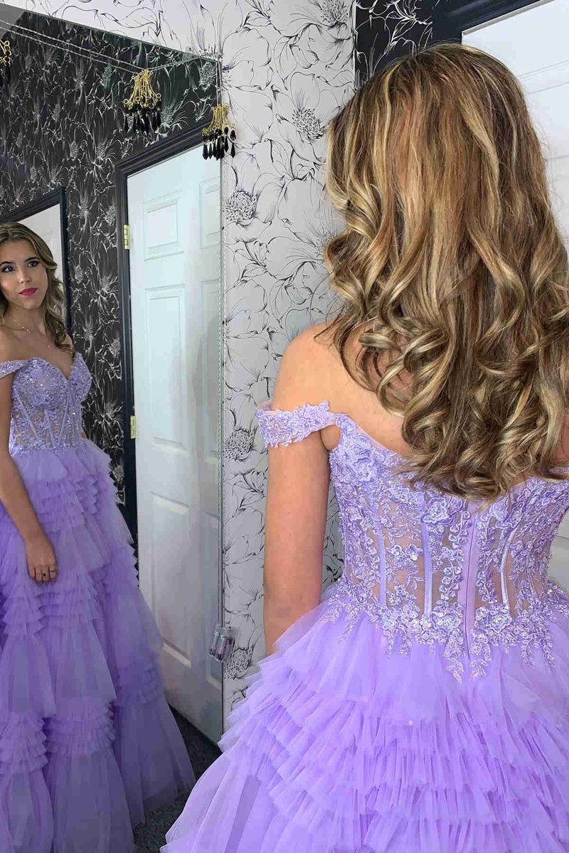 Tulle Off-the-Shoulder Ruffle Tie Long Prom Dresses