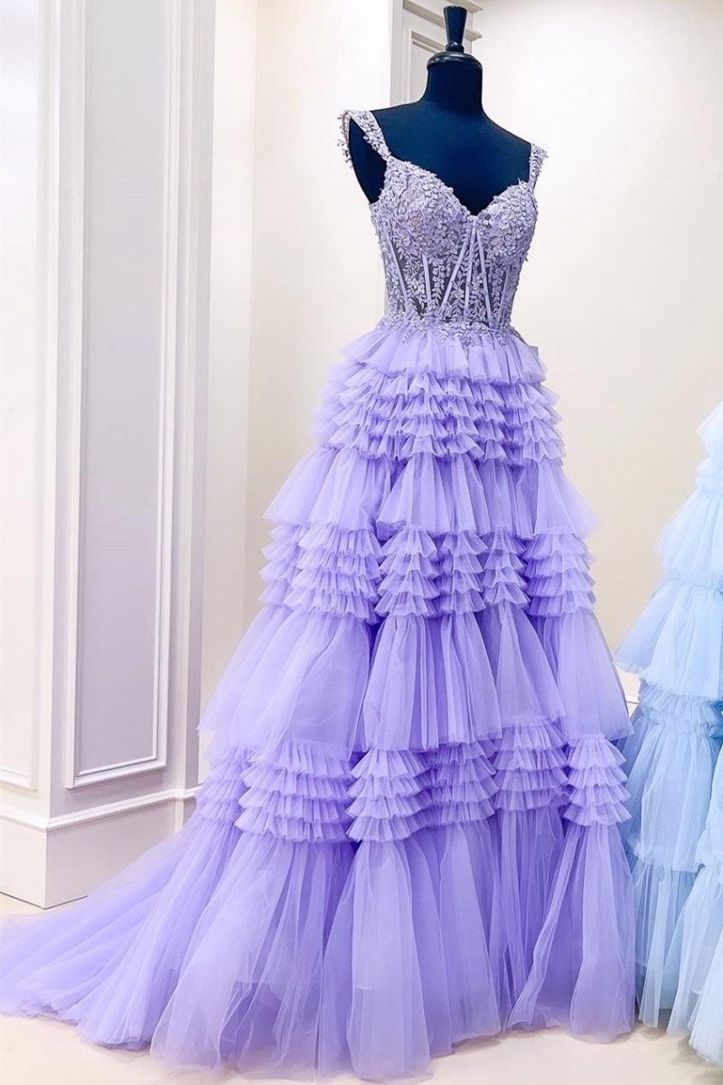Tulle Off-the-Shoulder Ruffle Tie Long Prom Dresses