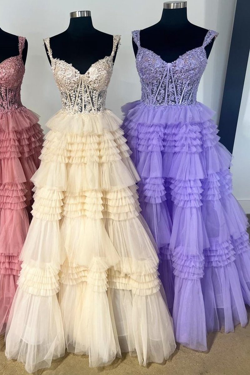 Tulle Off-the-Shoulder Ruffle Tie Long Prom Dresses