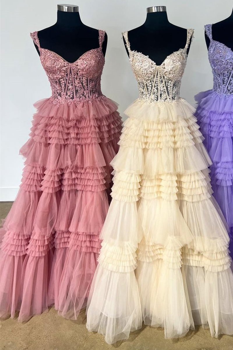 Tulle Off-the-Shoulder Ruffle Tie Long Prom Dresses