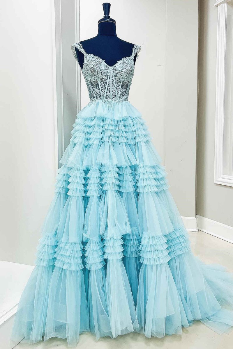 Tulle Off-the-Shoulder Ruffle Tie Long Prom Dresses