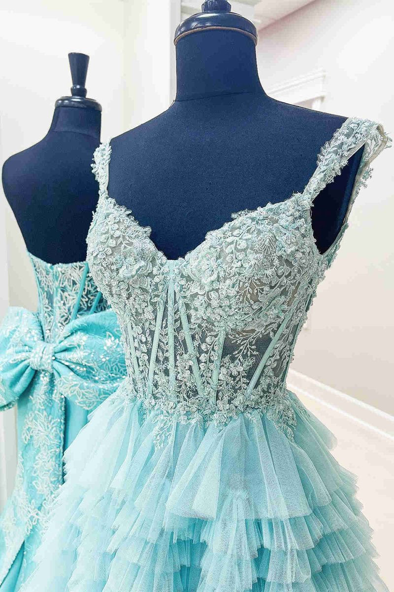 Tulle Off-the-Shoulder Ruffle Tie Long Prom Dresses