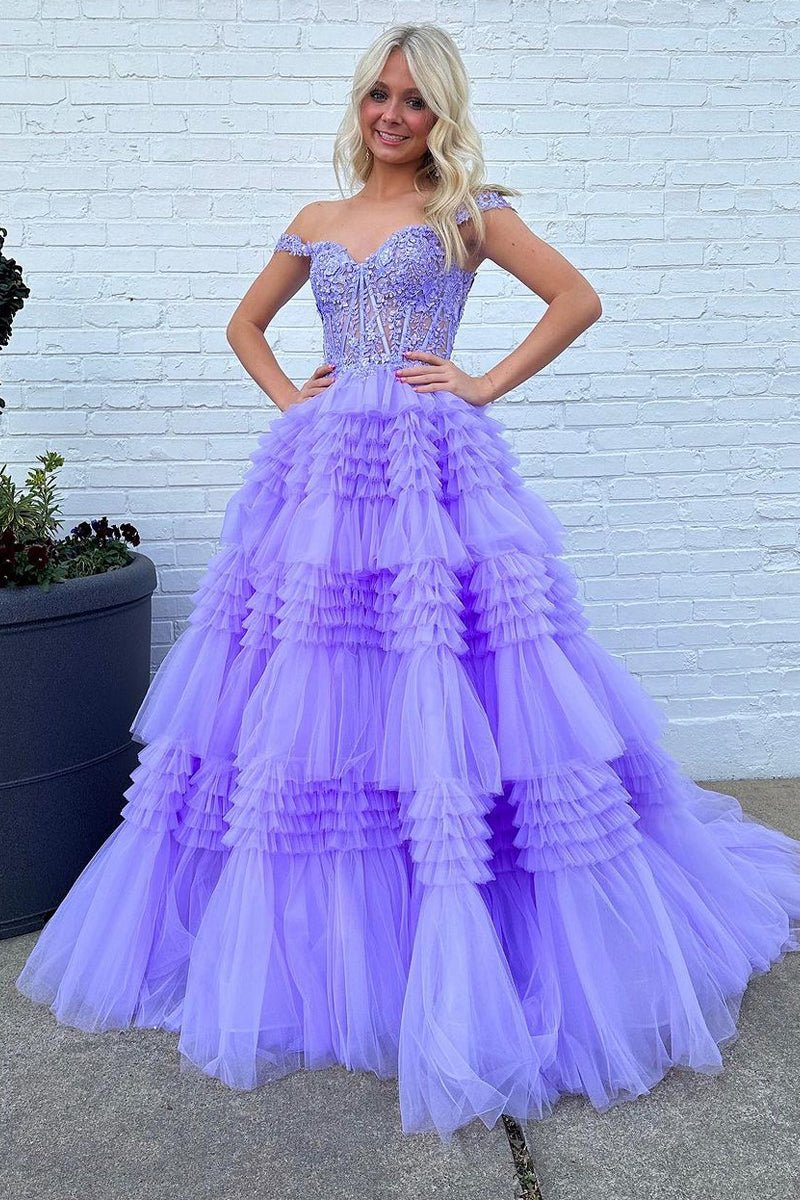 Tulle Off-the-Shoulder Ruffle Tie Long Prom Dresses