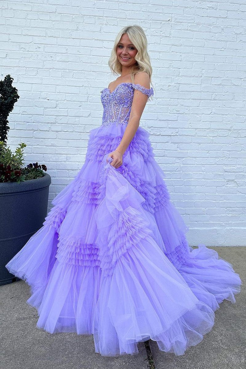 Tulle Off-the-Shoulder Ruffle Tie Long Prom Dresses