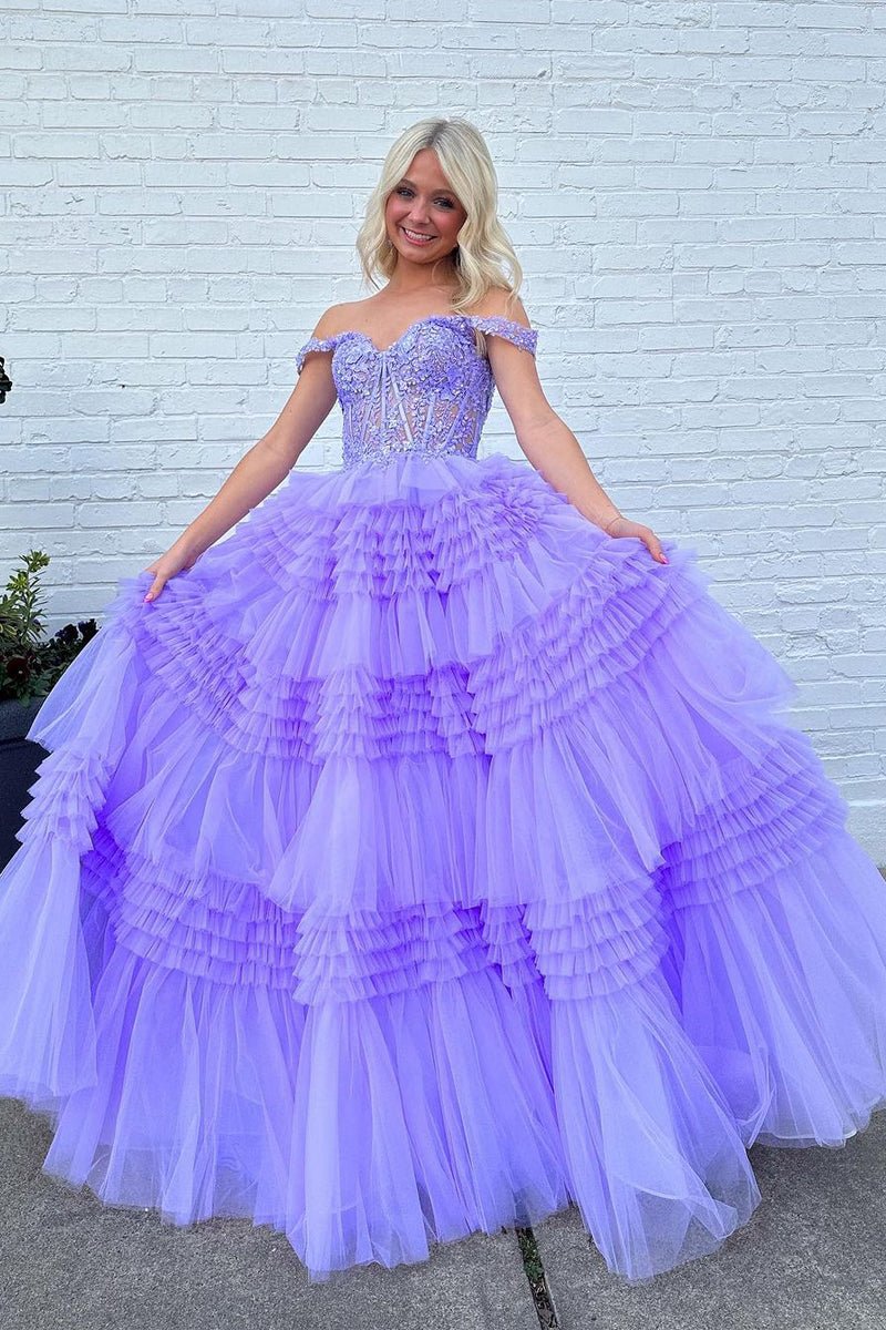 Tulle Off-the-Shoulder Ruffle Tie Long Prom Dresses