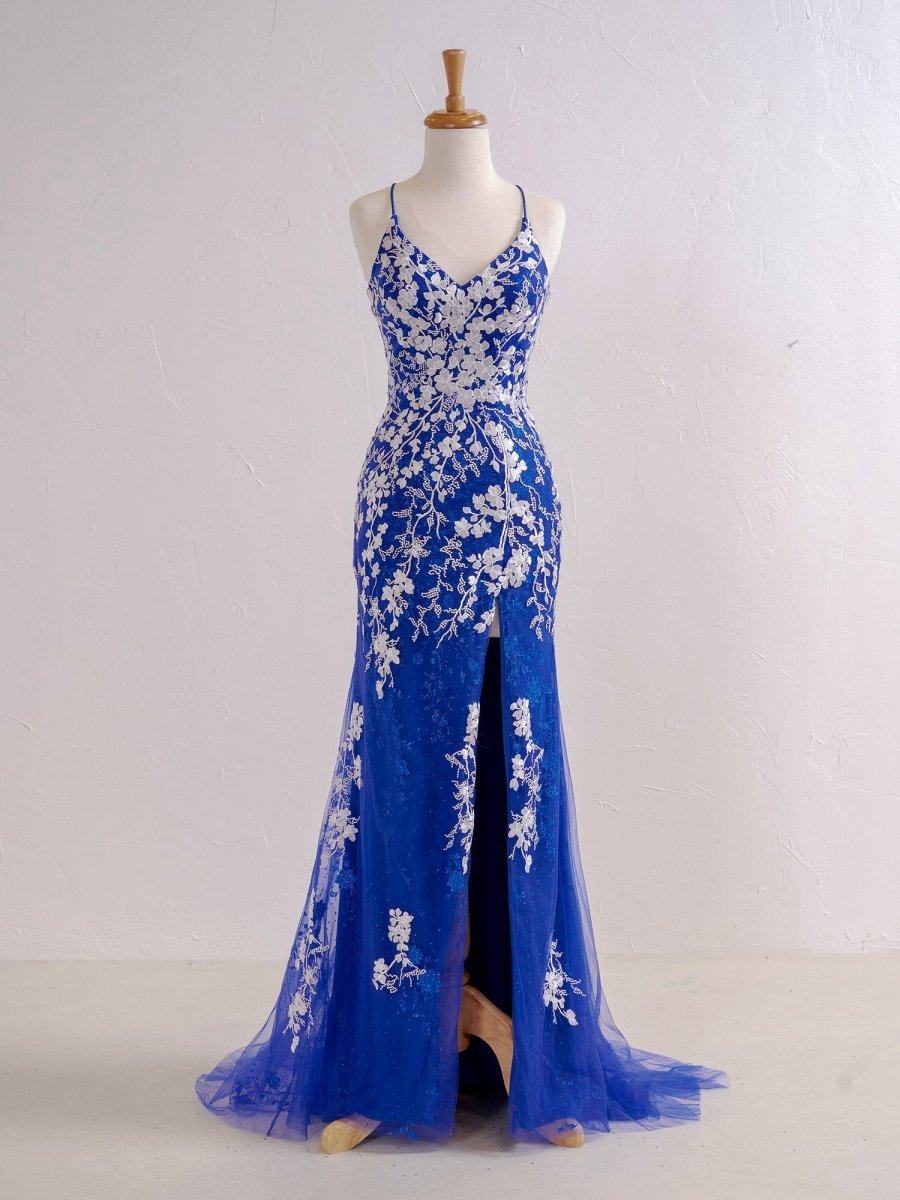 Mermaid V Neck Long Prom Dresses with Appliques Beading