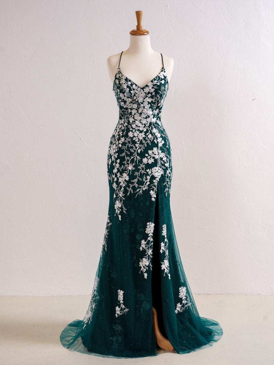 Mermaid V Neck Long Prom Dresses with Appliques Beading