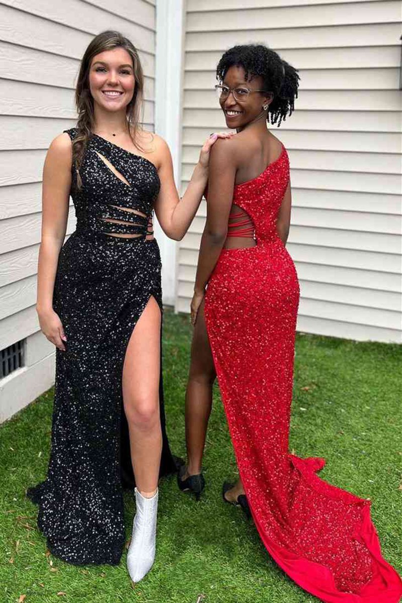 One Shoulder Cut-Out Mermaid Sequins Slit Long Prom Dresses