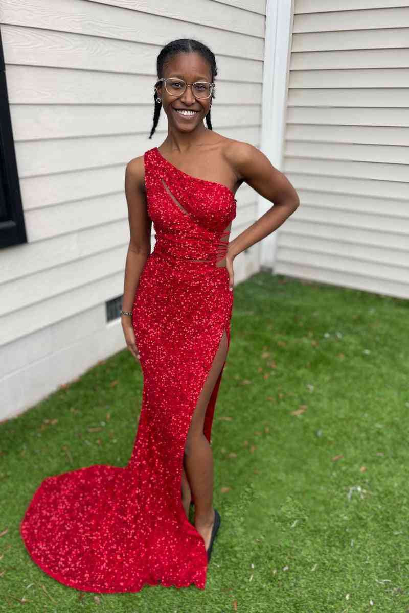 One Shoulder Cut-Out Mermaid Sequins Slit Long Prom Dresses
