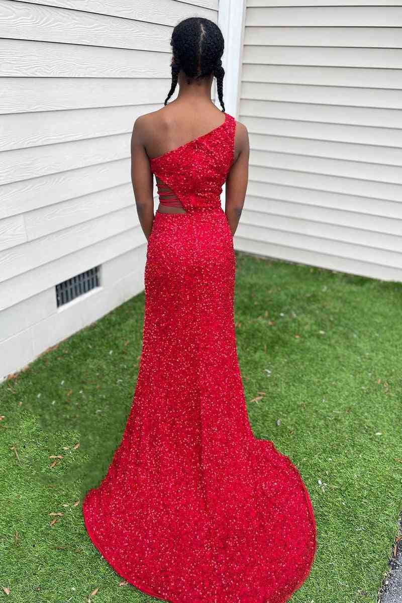 One Shoulder Cut-Out Mermaid Sequins Slit Long Prom Dresses