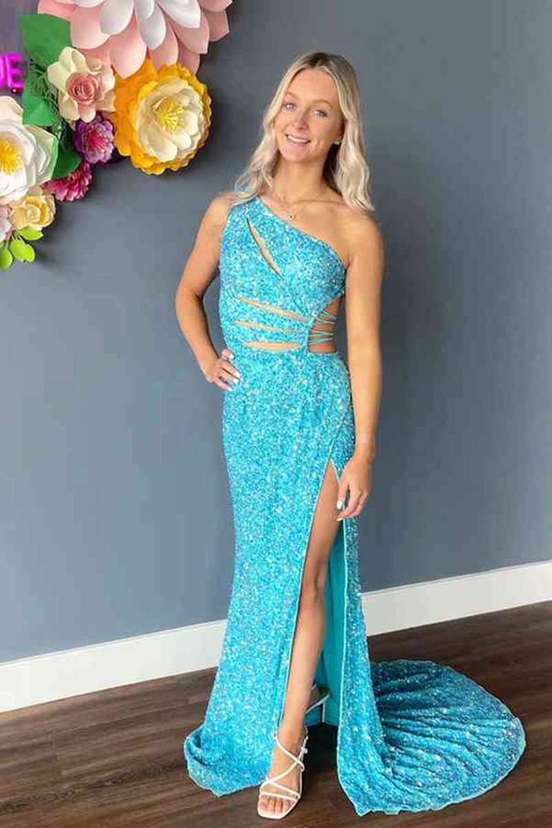 One Shoulder Cut-Out Mermaid Sequins Slit Long Prom Dresses