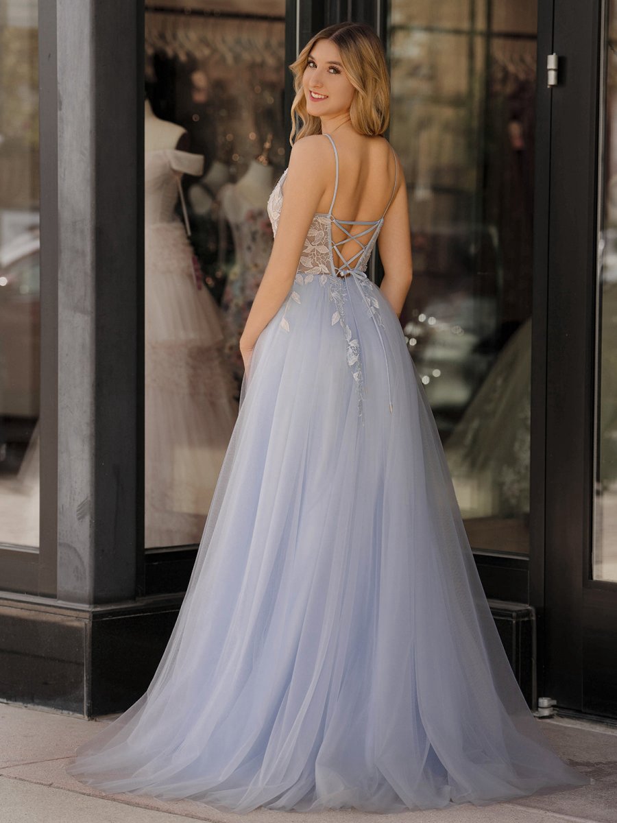 V Neck Lace-Up Appliques Tulle Long Prom Dresses