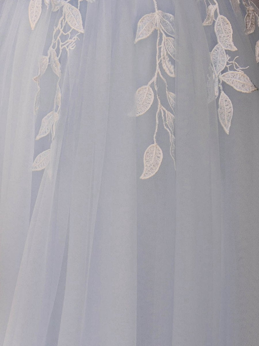 V Neck Lace-Up Appliques Tulle Long Prom Dresses