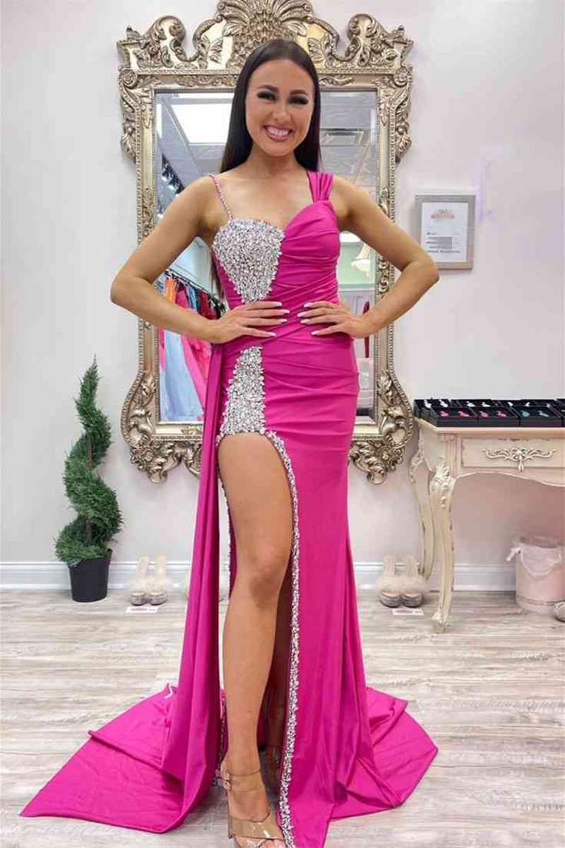 Chic Asymmertrical Beaded Long Porm Dresses