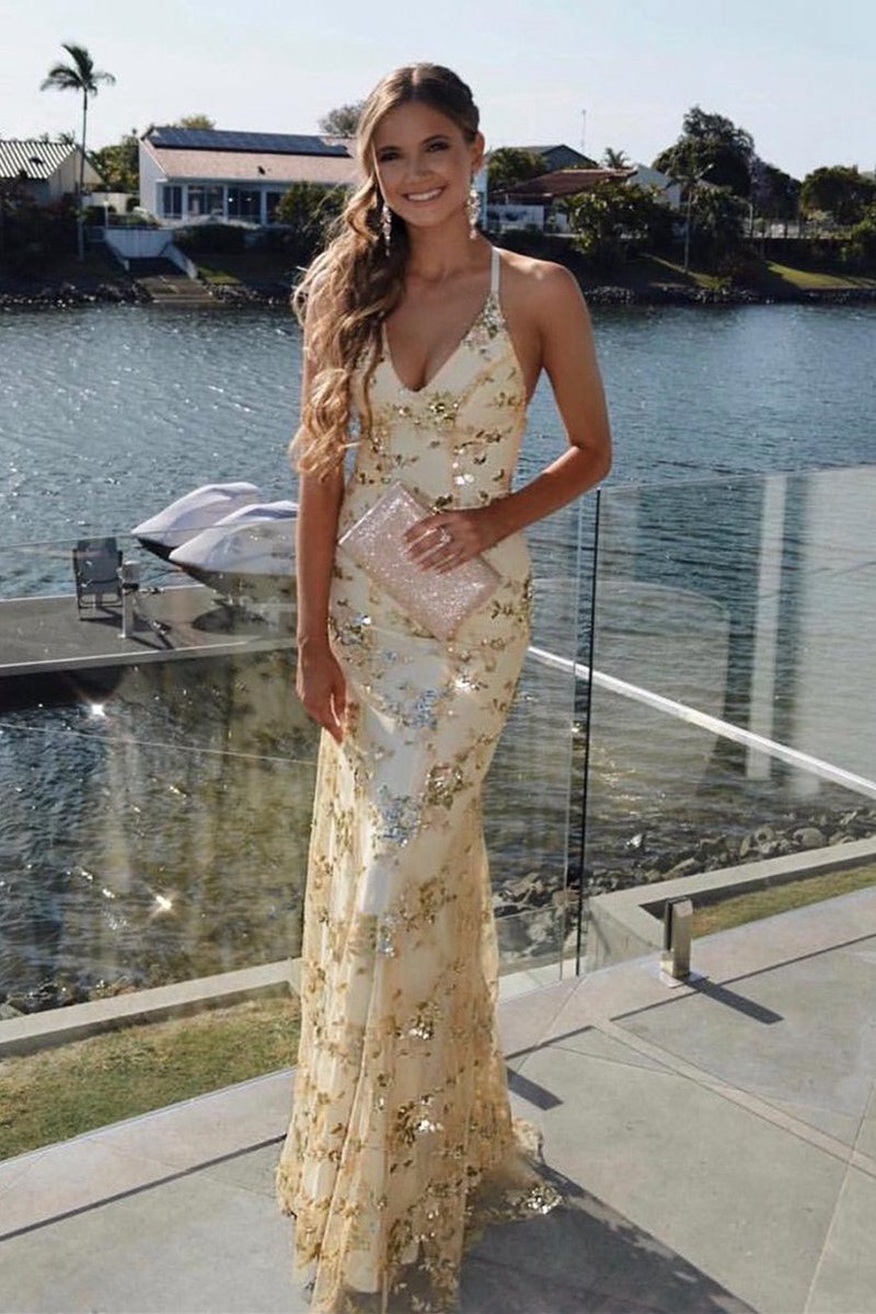 Lace-Up Mermaid Long Gold Prom Dresses with Sequins