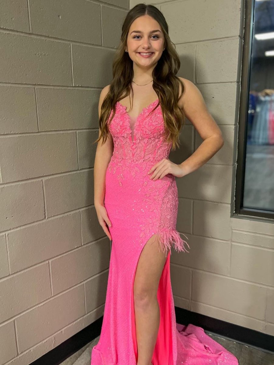 Mermaid V Neck Backless Tight Long Prom Dresses with Slit