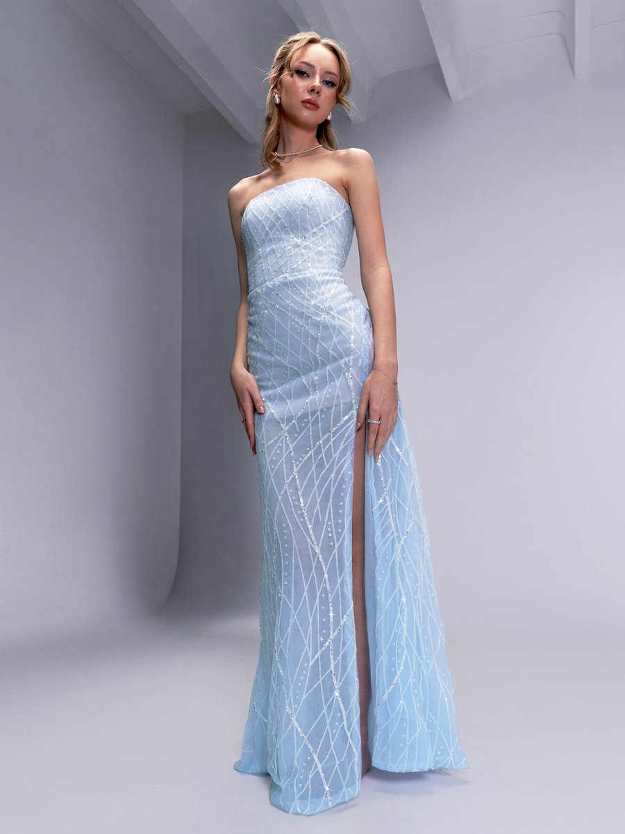 A-line Strapless Long Prom Dresses Unique Evening Dresses