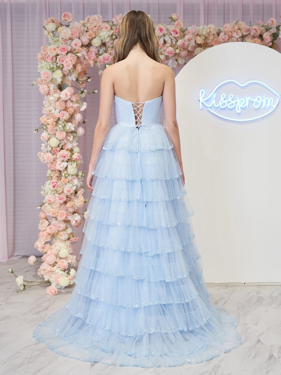 Strapless Layered Tulle Prom Dresses with Sequins