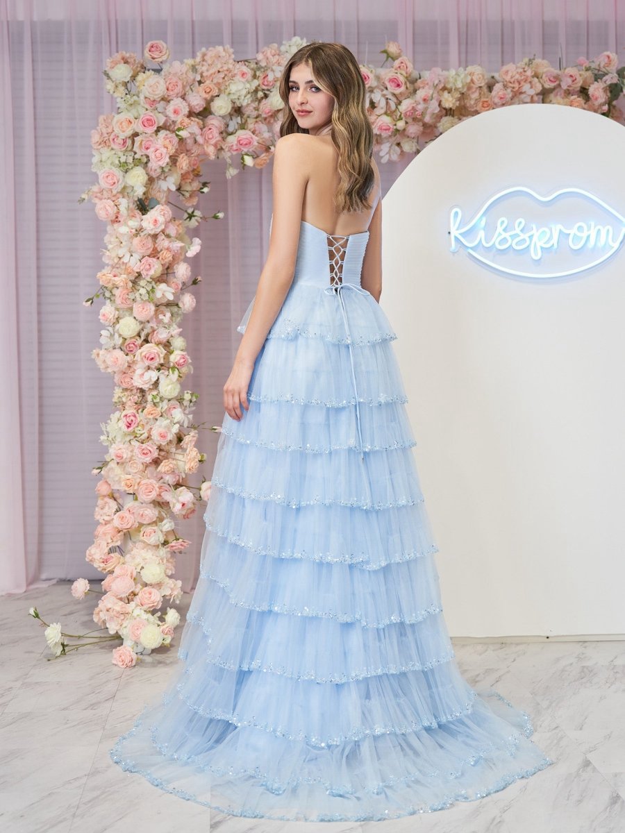 Strapless Layered Tulle Prom Dresses with Sequins
