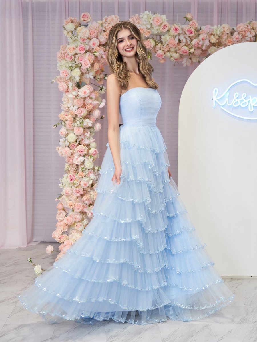 Strapless Layered Tulle Prom Dresses with Sequins