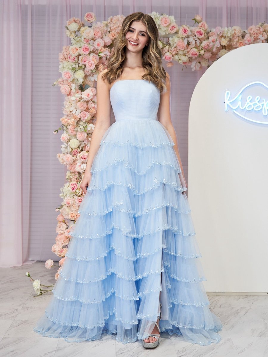 Strapless Layered Tulle Prom Dresses with Sequins