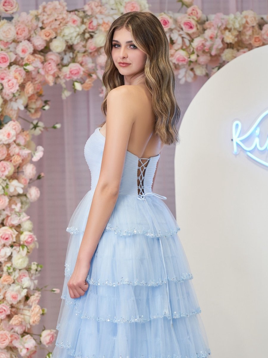 Strapless Layered Tulle Prom Dresses with Sequins