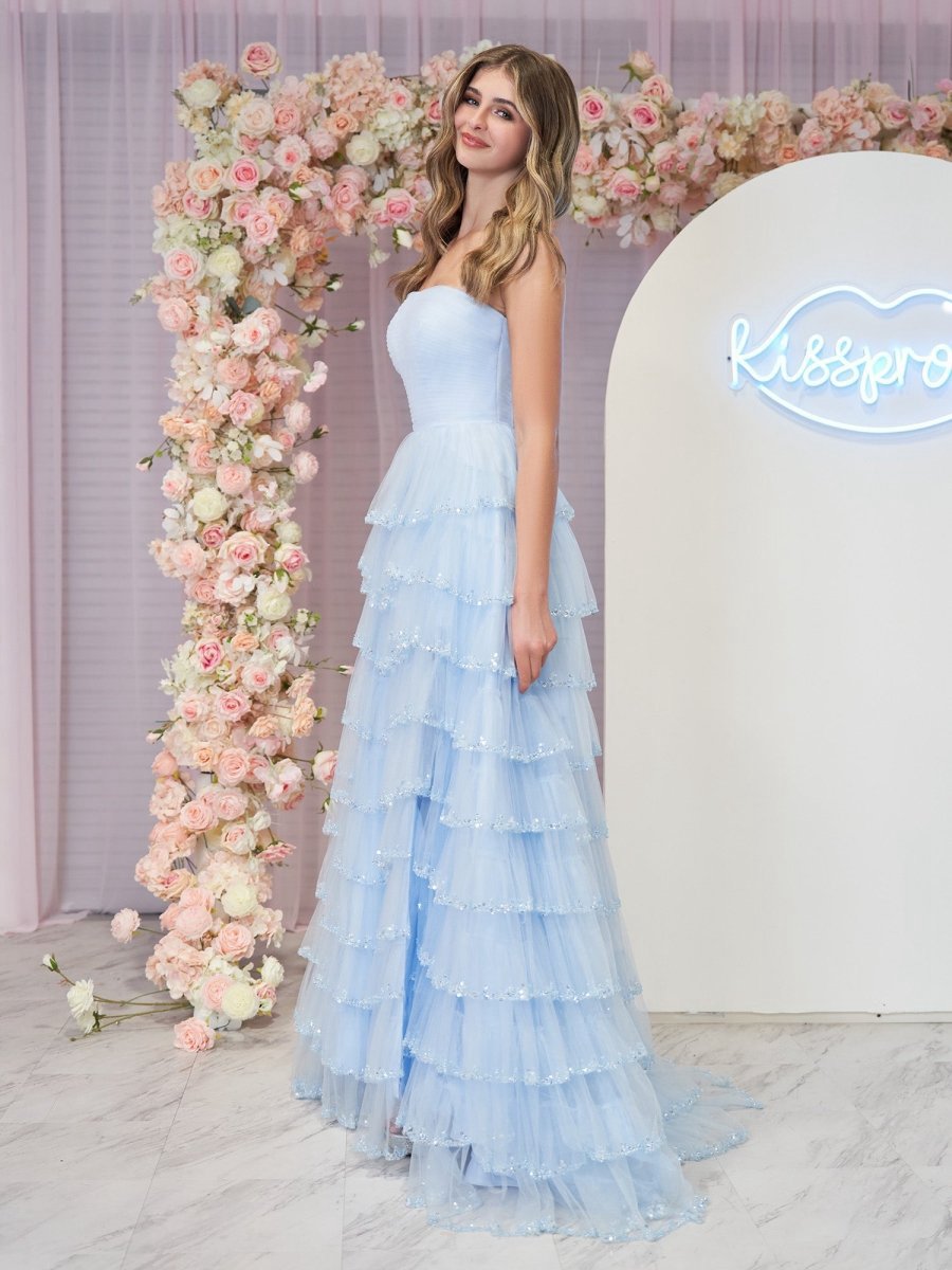 Strapless Layered Tulle Prom Dresses with Sequins