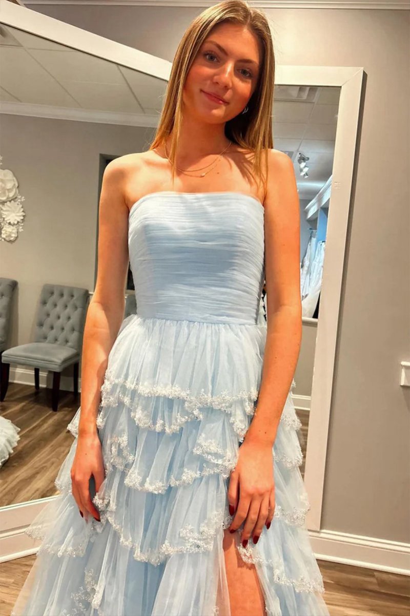 Strapless Layered Tulle Prom Dresses with Sequins
