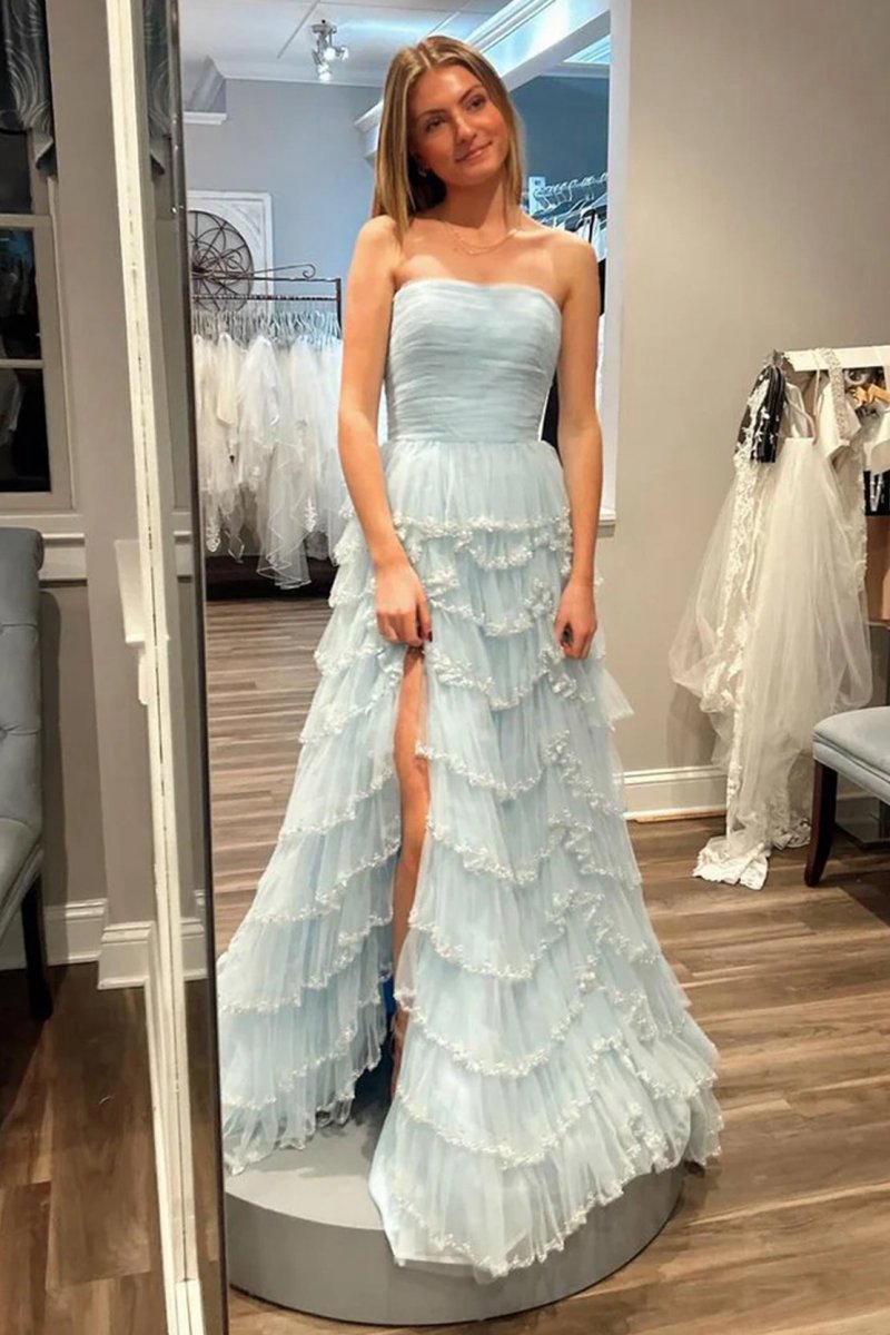 Strapless Layered Tulle Prom Dresses with Sequins