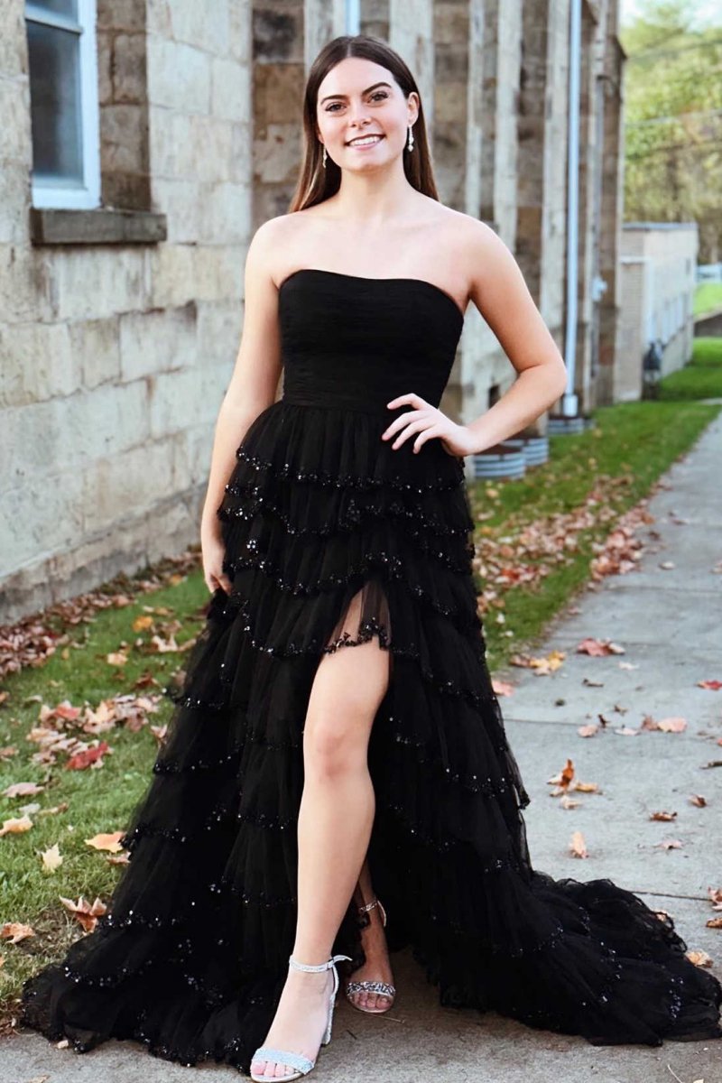 Strapless Layered Tulle Prom Dresses with Sequins