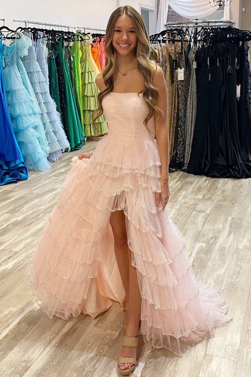 Strapless Layered Tulle Prom Dresses with Sequins