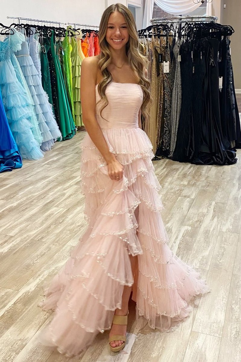 Strapless Layered Tulle Prom Dresses with Sequins