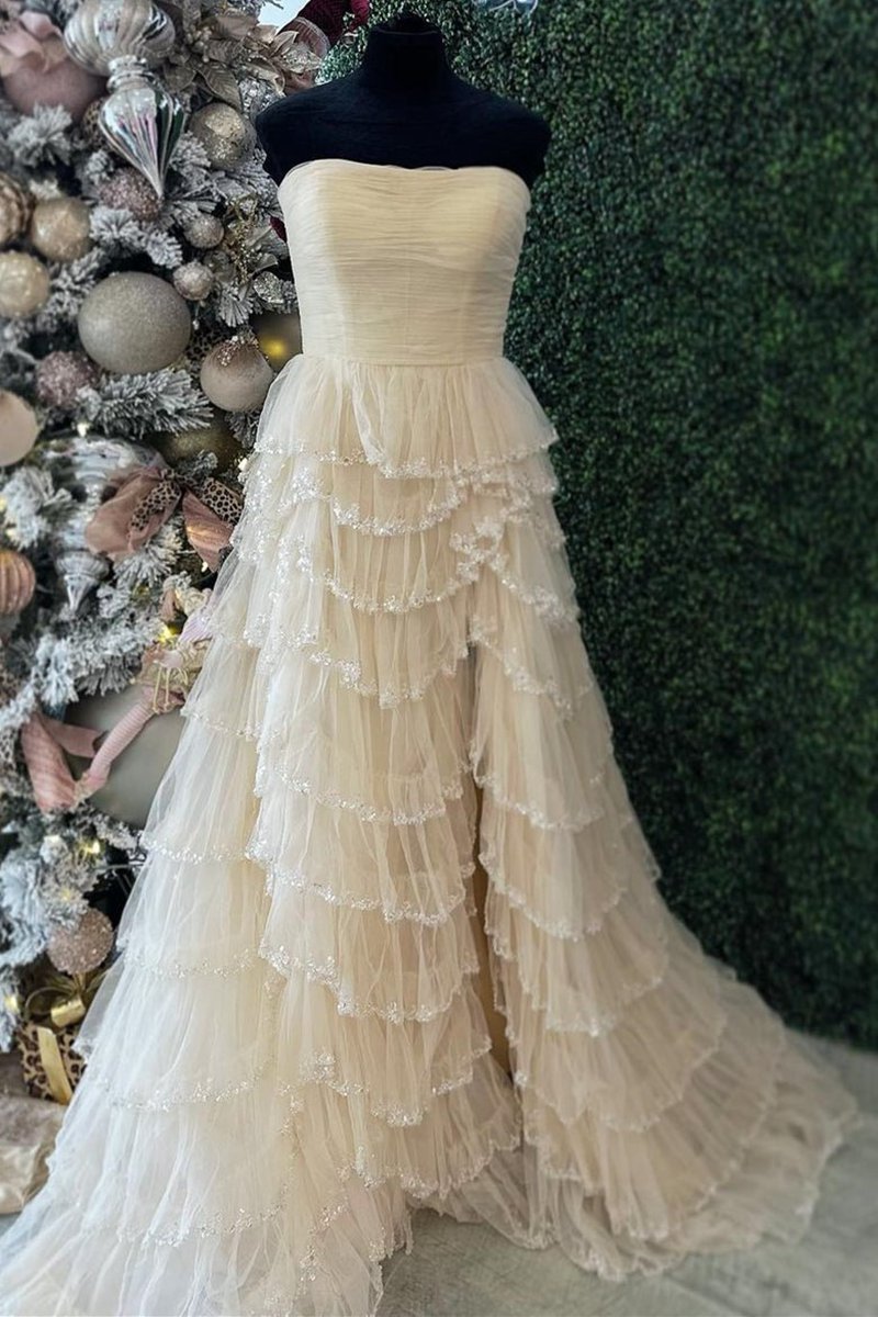 Strapless Layered Tulle Prom Dresses with Sequins