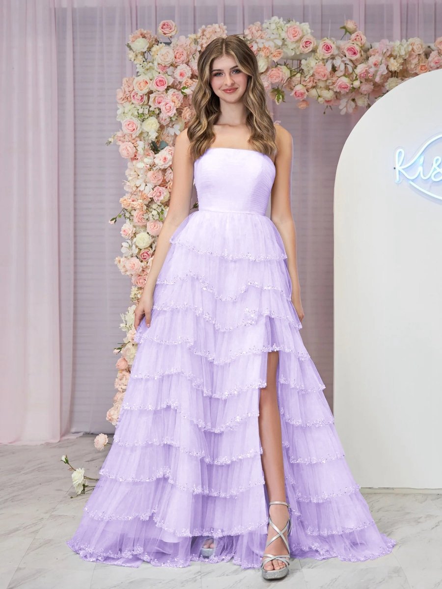 Strapless Layered Tulle Prom Dresses with Sequins