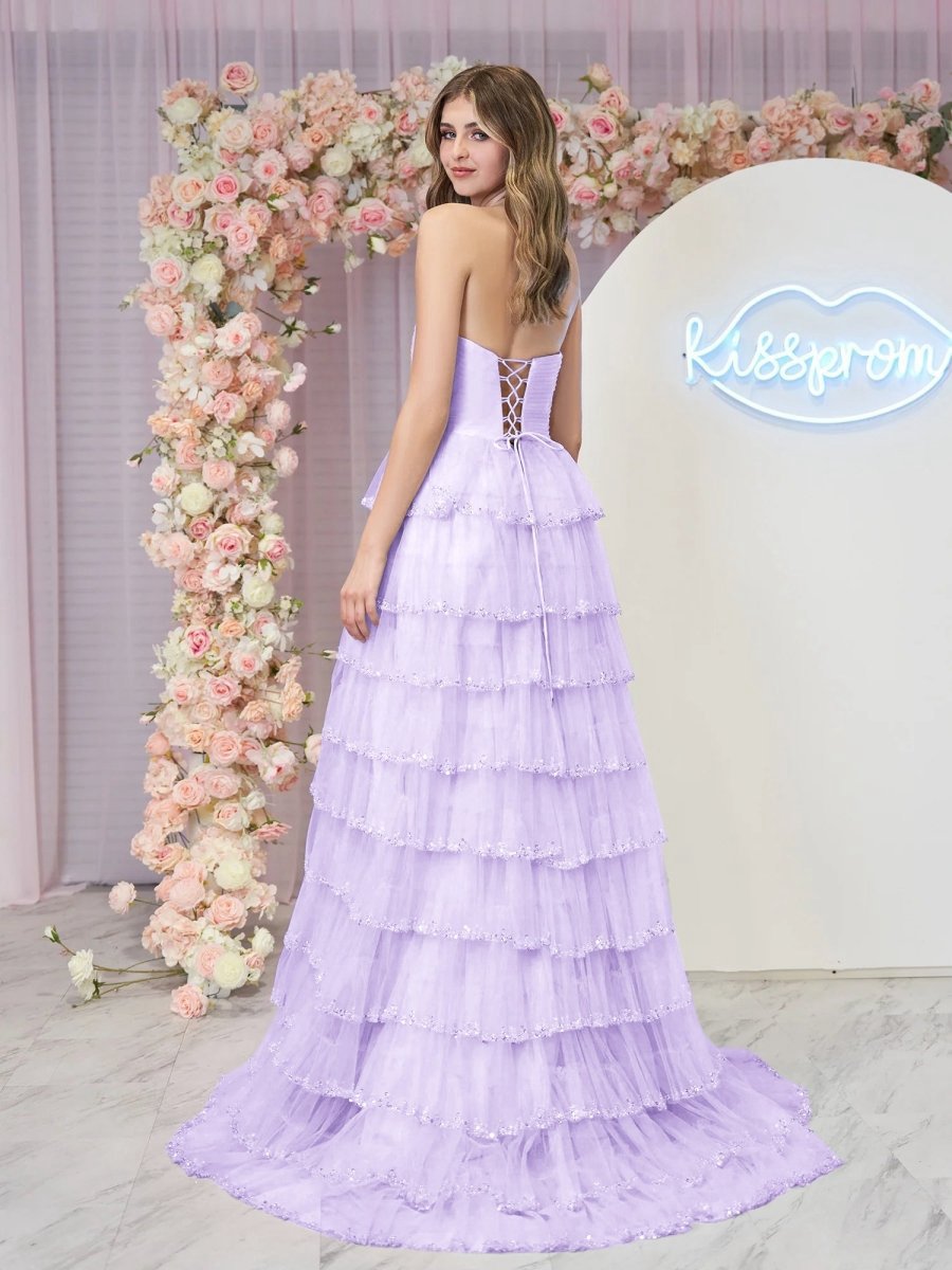 Strapless Layered Tulle Prom Dresses with Sequins