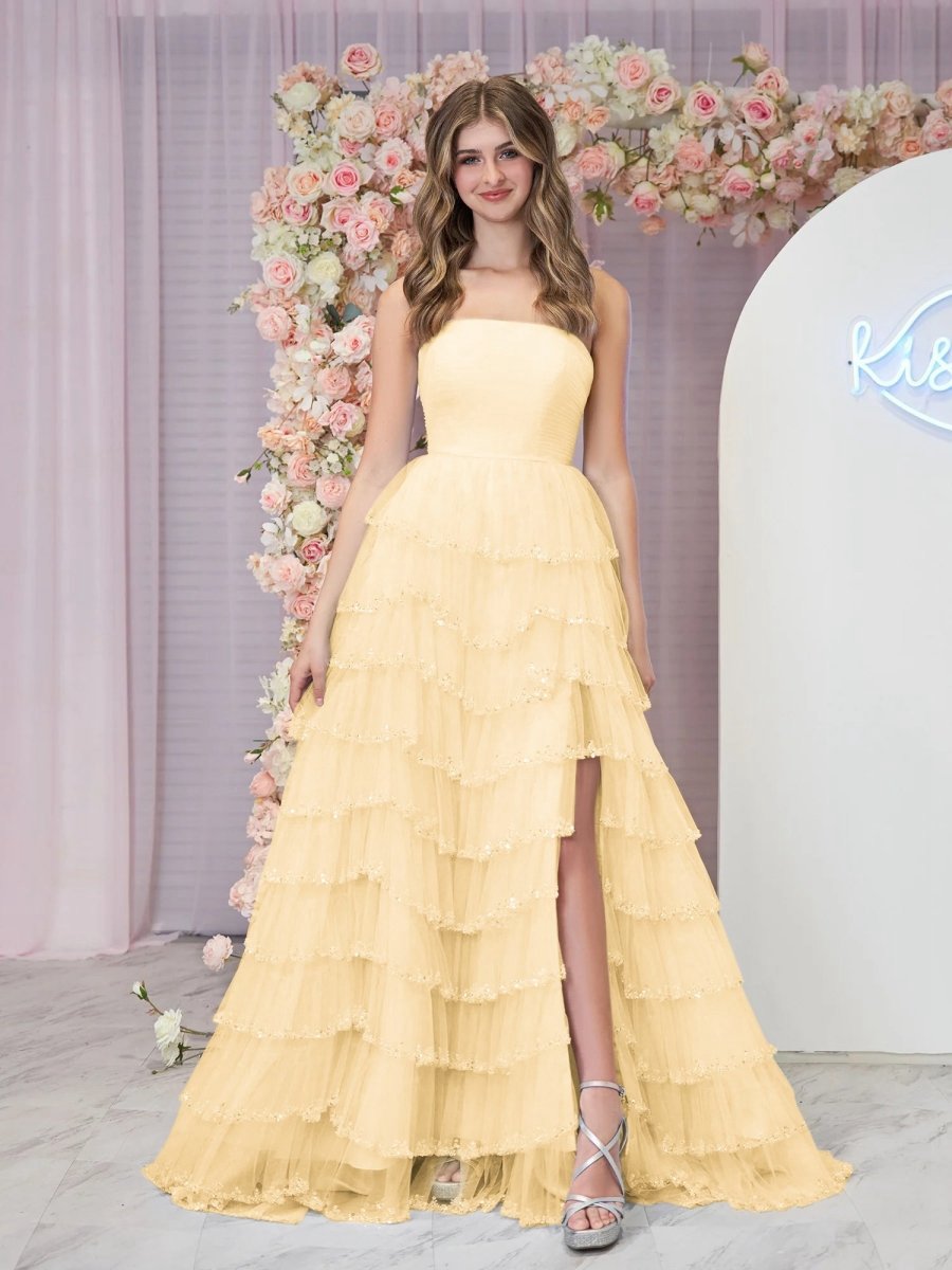 Strapless Layered Tulle Prom Dresses with Sequins
