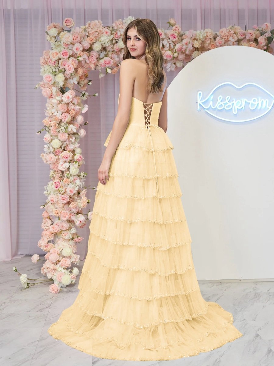 Strapless Layered Tulle Prom Dresses with Sequins