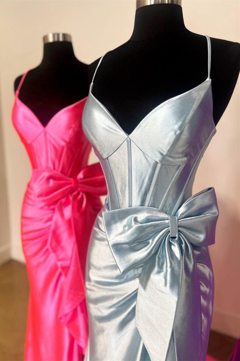 Straps V-Neck Satin Mermaid Prom Dresses with Bow