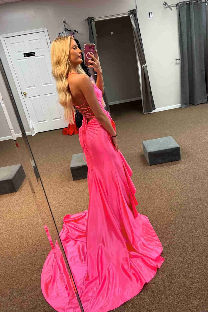 Straps V-Neck Satin Mermaid Prom Dresses with Bow