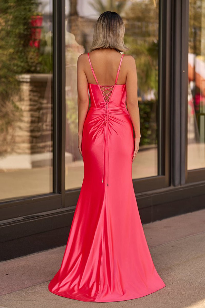 Straps V-Neck Satin Mermaid Prom Dresses with Bow