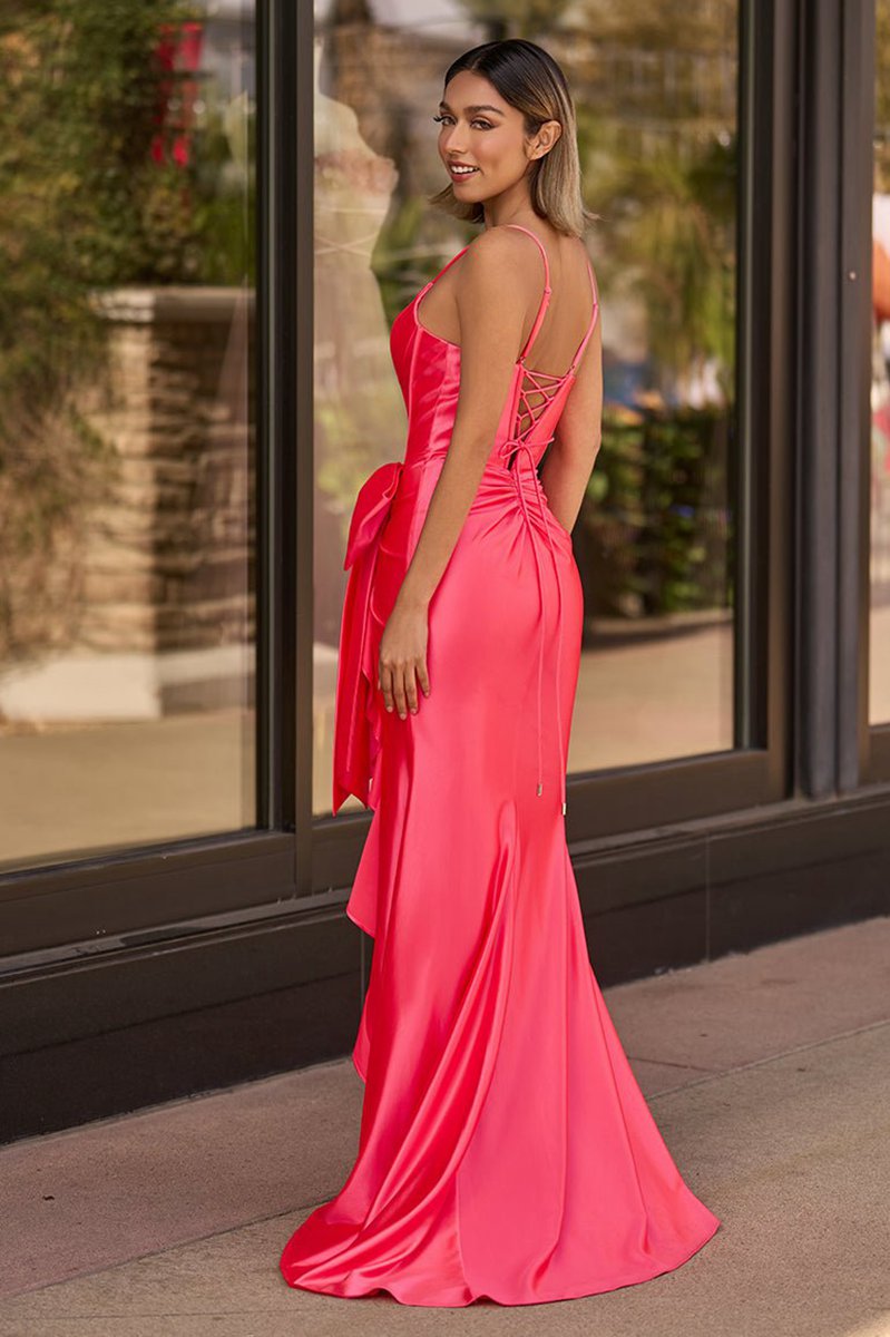Straps V-Neck Satin Mermaid Prom Dresses with Bow