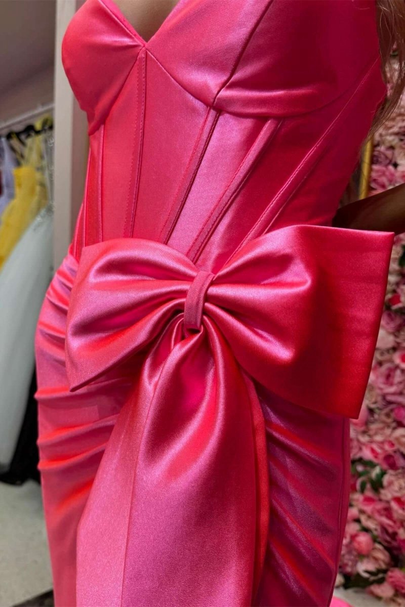 Straps V-Neck Satin Mermaid Prom Dresses with Bow