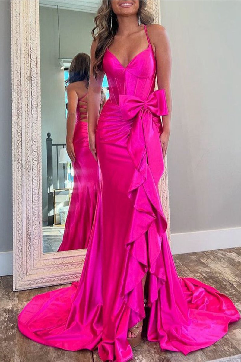 Straps V-Neck Satin Mermaid Prom Dresses with Bow