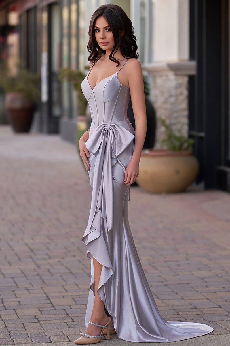 Straps V-Neck Satin Mermaid Prom Dresses with Bow