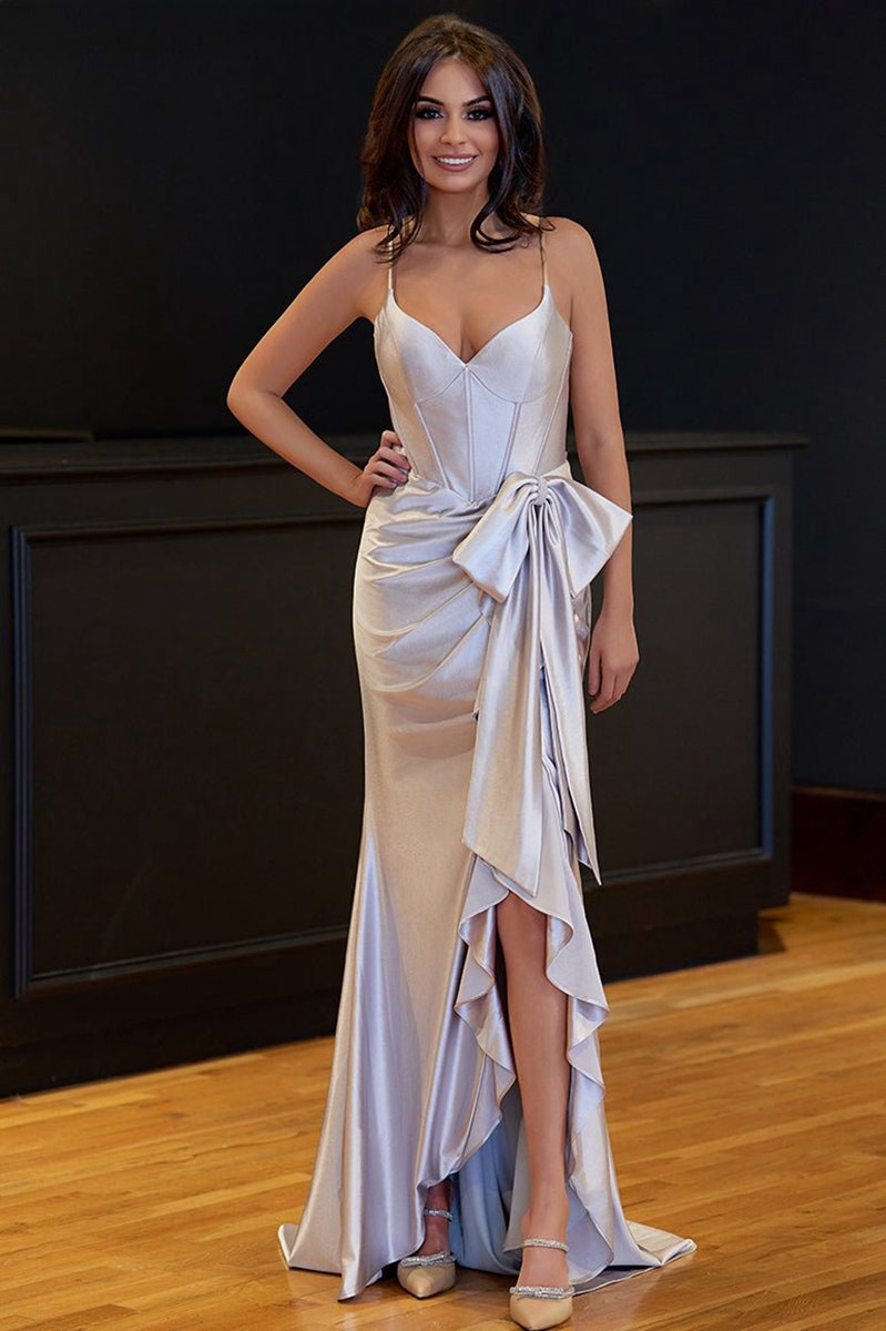 Straps V-Neck Satin Mermaid Prom Dresses with Bow