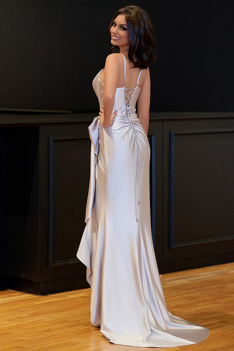 Straps V-Neck Satin Mermaid Prom Dresses with Bow